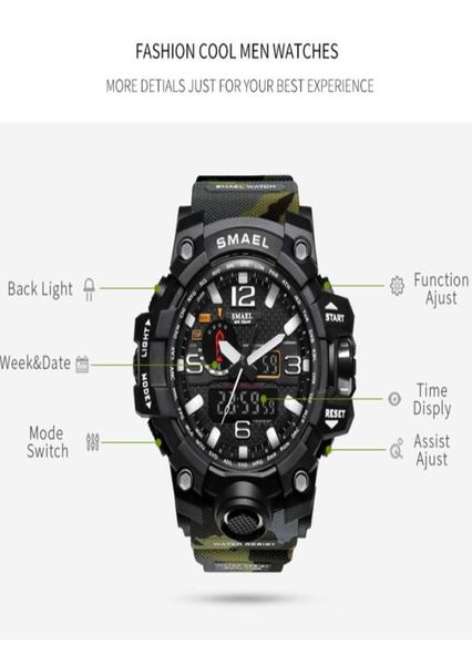 SMAEL Brand Men Dual Time Camuflage Militar Military Digital Watch LED WRISTWATCH 50M IMPRESIÓN DEL SIGUERA 1545 BMEN Reloj Sport Watches1417488