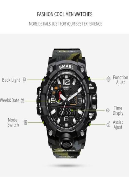 SMAEL Brand Men Dual Time Camuflage Militar Military Digital Watch LED WRISTWATCH 50M IMPRESIÓN DEL SIGUERA 1545 BMEN Reloj Sport Watches1543748