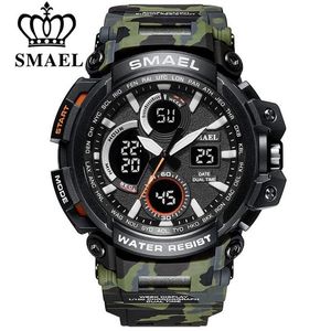 SMAEL Camouflage Militair Horloge Heren Waterdicht Dual Time Display Heren Sport Horloge Digitaal Analoog Quartz Horloges Heren 1708 210332W