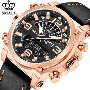 Smael Fashion Merk Horloge Heren Lederen Sport Horloges Goud Waterdicht Kwarts Horloges Chronograaf Male Clock X0524