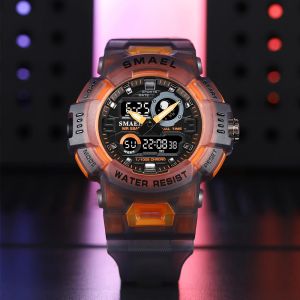 Smael Men Sport Watch LED Light Alarm Corloge numérique Dual Time Display Week Auto Date Backlight Youth Quartz Quartz Wristwatches Mâle