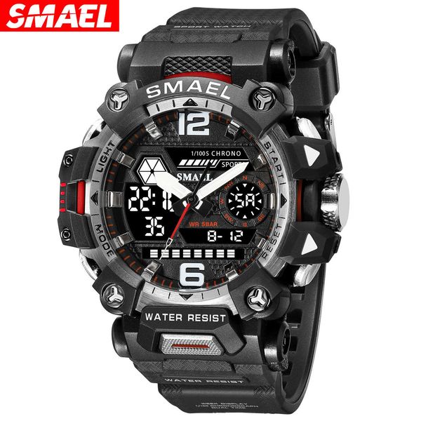 Smael Outdoor Tactical Mens Alloy Military Style Watch Night Glow Affichage étanche Dual Display Quartz Watch Electronic