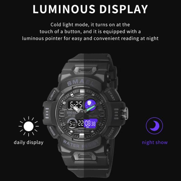 Smael Sport Watchs Digital Watch LED 50m étanche à bracelet militaire horloge horloges masculines 8063 MONTES MONTES CHEPLES ALARME