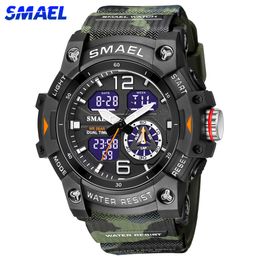 SMAEL Sporthorloges Mannen Camo Horlogeband Digitale Dual Quartz Horloges Digitale LED Mode Stopwatch Alarm Militaire Klok Man