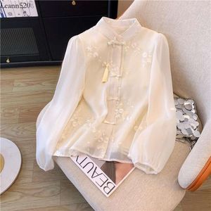 Kleine 2024 Spring Nieuwe Tassel Pan Buckle staande kraag chiffon shirt dames westerse stijl afslanke geborduurde top