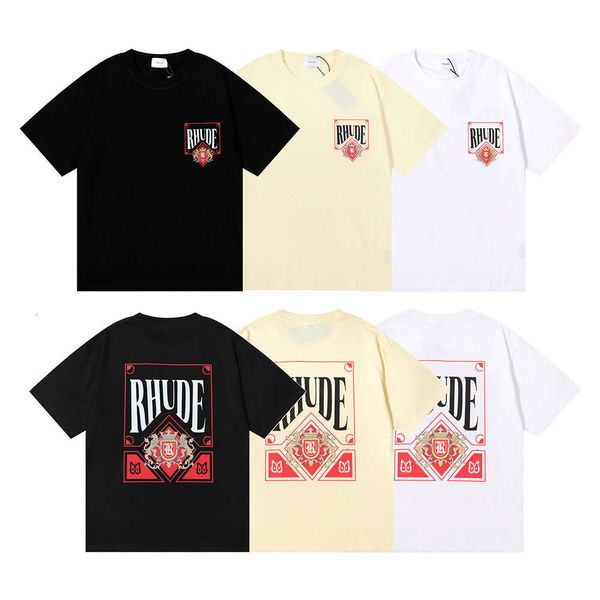 Camiseta de manga corta informal holgada para hombre y mujer, pantalón corto con estampado de tarjeta roja vino RHUDE, hip-hop, pequeño y moderno