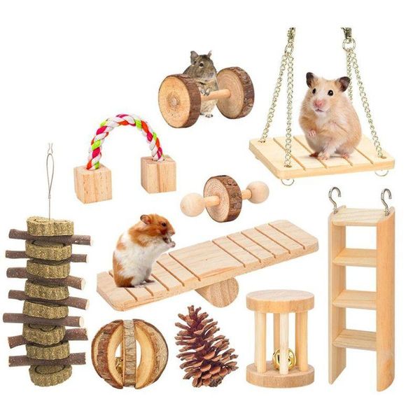 Fournitures pour petits animaux, 10 pièces/paquet, ensemble de jouets à mâcher en bois pour Hamster, haltères en bois, rouleau, accessoire de jeu pour animaux de compagnie