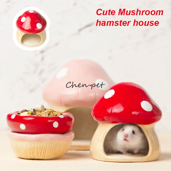 Fournitures pour petits animaux est Designs mignon champignon abri pour animaux de compagnie maison en céramique Hamster nourriture bol Rat jouet accessoires 230713