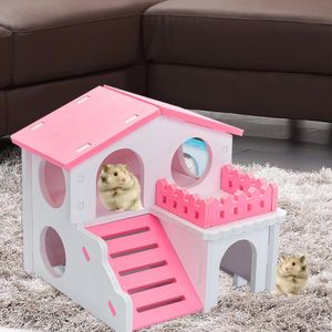 Petit animal fournitures Hamster cachette nid mignon exercice jouet souris en bois maison avec échelle toboggan pour cochon d'inde accessoires