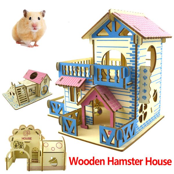 Fournitures pour petits animaux Maison de hamster Assemblé en bois massif Villa unifamiliale à deux étages pour animaux de compagnie Cadre d'escalade Escaliers Accessoires de jouets 230620