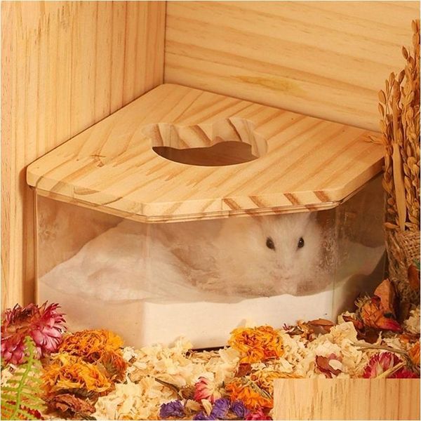 Fournitures pour petits animaux Boîte de bain de sable pour animaux de compagnie Boîte de bain en forme d'éventail Maison de salle de bain transparente pour cage de hamster Toilettes d'angle Écureuils Drop Livraison Accueil Ga Dhkh4