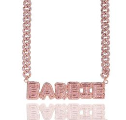 Petite baguette lettre initiale pendentif avec 10 mm Collier de chaîne de liaison cubaine combinaison zirconi name bijoux rose or1662447