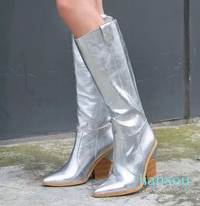 Petite grande taille 11 couleurs bottes de cow-boy hautes au genou en or pointues chaussures de designer à talons épais