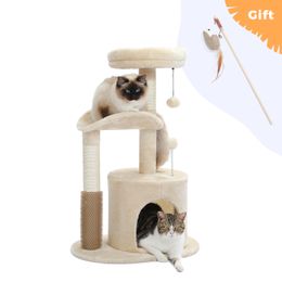 Pequeño árbol de gatos para gatos interiores, torre de gato mediana con juguete de gato interactivo, condominio de gato de 32.7 "con cepillo de autosro, poste de rascado de gato natural, bolas colgantes