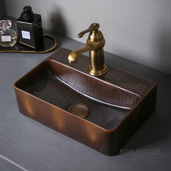 Pequeña cuenca de lavado de café Minimalista Fregadero de baño industrial cuadrado Cerámico Washbasins Balcón de lavado de lavabos