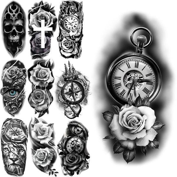 Tatuajes Temporales de flores de brújula pequeña para mujeres y hombres, tatuaje falso realista de calavera, ojo cruzado, León, tatuajes para brazos y piernas creativos
