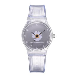 Petite montre en gelée marguerite pour étudiantes, jolie montre en Silicone avec chrysanthème de dessin animé, bande transparente, cadran gris, 251o