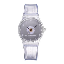 Petite montre en gelée marguerite pour étudiantes, jolie montre en Silicone avec chrysanthème de dessin animé, bande transparente, cadran gris, 190Y