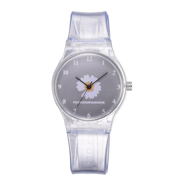 Pequeña Margarita Jelly Watch Estudiantes Niñas Lindos dibujos animados Crisantemo Relojes de silicona Banda transparente Relojes de pulsera con esfera gris 251o