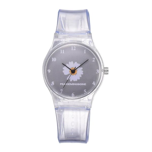 Pequeño Daisy Jelly Watch Estudiantes Niñas Cute Cartoon Crisantemo Relojes de silicona Banda transparente Dial gris Wristwatches275i