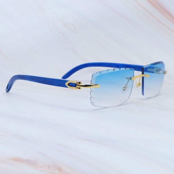 Gafas de sol pequeñas con corte de diamante Y2K, gafas de sol sin montura de diseñador Carter de lujo, decoración para hombre, gafas de sol de madera azul, gafas para mujer