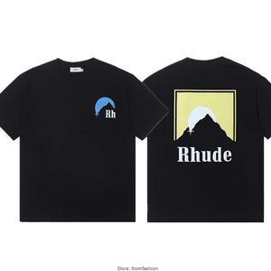 Small Fashion Rhude T-shirts voor heren Classic Sunset Print High Street Losse schouder Korte mouw Heren en dames Street Cotton T-shirt Losvallend