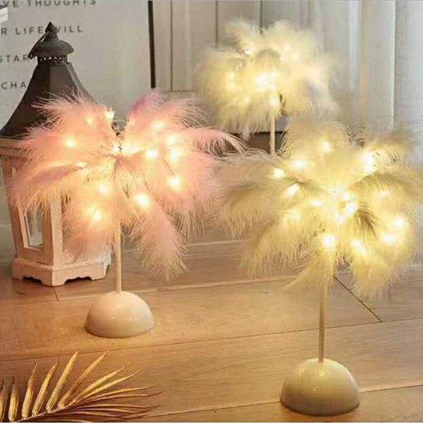 Petite plume lampe de Table AA batterie puissance bricolage créatif lumière chaude arbre plumes abat-jour mariage maison chambre décor D2.0