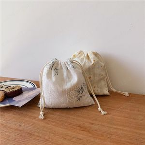 Kleine Bloem Katoen Drawstring Bag DIY Canvas Opslag Makeup Tassen Handtas Kleine Voedsel Organizer Dames Schoenen Pouch Trave