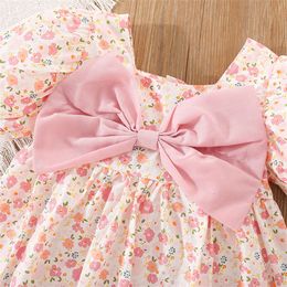 Petit rose fragmenté Big Bow Infant Nouveau Summer Girls Baby Bubble Sleve Robe Sweet Girl Girls's Clothing