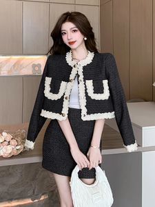 Kleine geurpakken voor vrouwen tweedelige set herfst winter Koreaanse mode zoete korte tweed jas jas mini rok outfits 240425