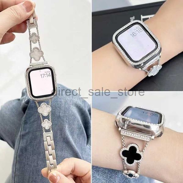 Petite fritillaire parfumée à quatre feuilles avec bracelet en diamant, bracelet à maillons, bandes métalliques, bracelet de montre pour Apple Watch Series 3 4 5 6 7 8 iWatch 38 40 44 41 45 49 mm