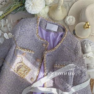 Kleine geurige lavendel paarse tweed korte jas dames herfst en winter hoge gevoel jassen jas vrouwelijke dame doek 240201