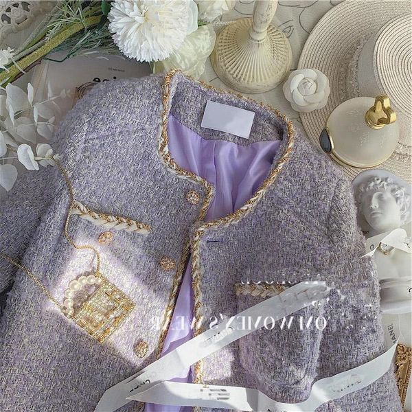 Petit manteau court en Tweed violet lavande parfumé pour femme, automne et hiver, manteaux à haut sens, veste en tissu pour femme, 240201