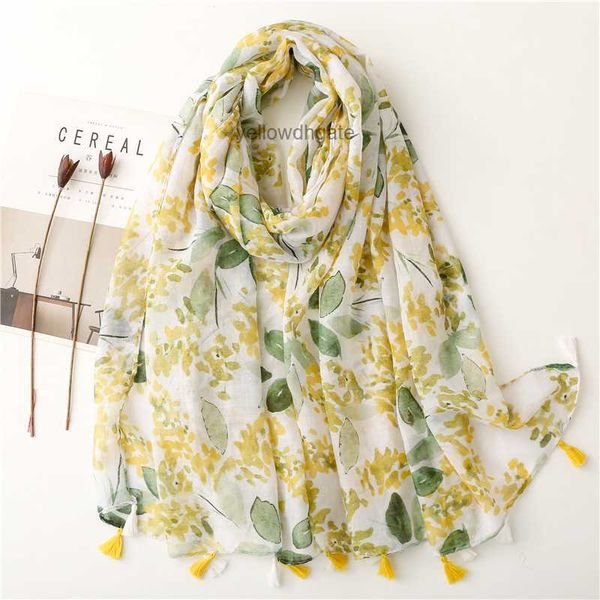 Petit foulard à main en lin et coton balinais frais pour femme, châle à pampilles imprimé de feuilles vertes et jaune vif avec fruits