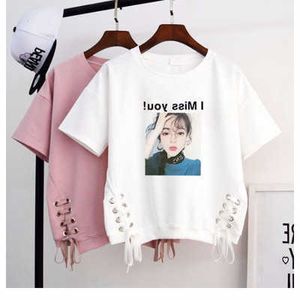 Klein fris T-shirt met korte mouwen voor vrouwelijke studenten loszittende Koreaanse versie zoete zomer nieuwe schattige en veelzijdige Instagram veterkleding