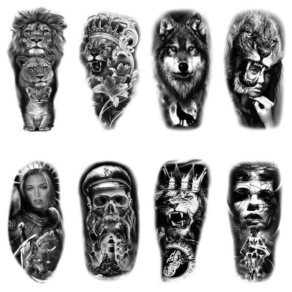 Petit bras complet XQB nouveau Lion noir beauté Animal demi-autocollant de tatouage de transfert d'eau