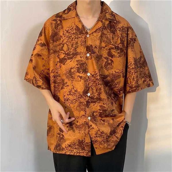 Petite chemise à col cubain à manches courtes imprimée amusante, chemise de couple décontractée de rue de style hongkongais pour hommes3uzl