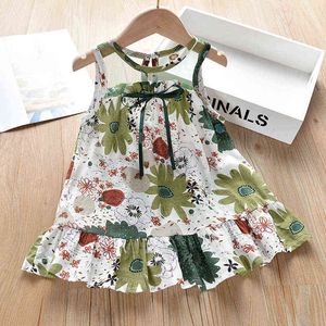 Petite fille robe gilet coton impression florale avec dentelle princesse enfant Mini décontracté sans manches princesse vêtements G1129