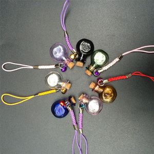 Petites Bouteilles Oblates en Verre avec Mini Corde en Nylon Tressé Porte-clés Bocaux Pendentifs Couleur Mixte 7pcs