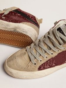 Kleine gouden Italië paar hoge top vuile schoenen ontwerper luxe Italiaanse retro mid star sneakers in bordeauxe glitter met duifgrijze suede inzetstukken en witte lederen ster