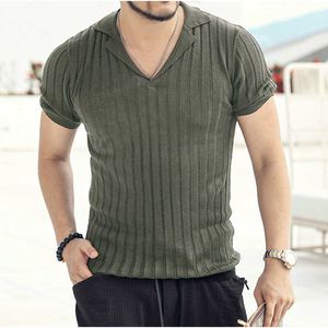Kleine revers v-hals ontwerp verticale textuur zomer stretch t-shirt mannen korte mouw trui J6031 y0907
