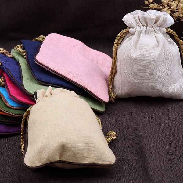 Bolsas pequeñas de tela de lino para joyería, venta al por mayor, bolsas con cordón de Color sólido, 10 unids/lote