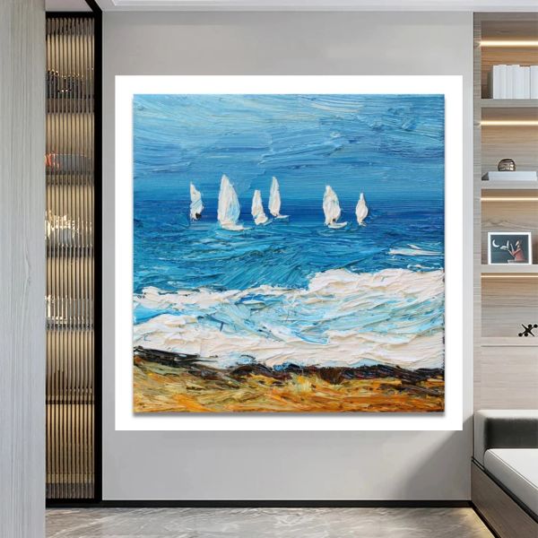 Pequeño paisaje marino de pintura al óleo, ilustraciones de pared de veleros para dormitorio, imágenes artísticas de lienzo impresionistas para decoración navideña de sala de estar