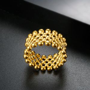 Anillo de bola de cuentas redondas pequeñas para mujer, exquisito anillo hueco de Metal resistente al agua, anillos de dedo de oro amarillo de 14k, joyería de textura fino de moda