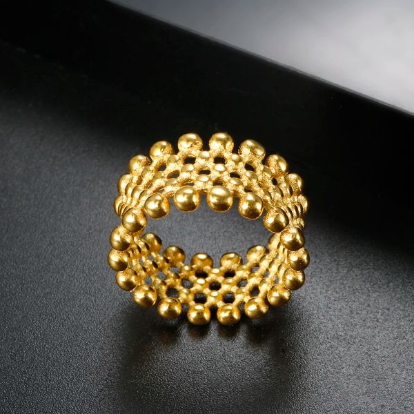 Bague en petites perles rondes pour femmes, anneau de doigt en métal étanche, creux et exquis, en or jaune 14k, bijoux tendance à Texture Fine