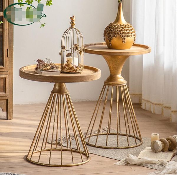 Petite table ronde meubles de salon style américain antique bois massif S table à thé fer chevet café décoration tables d'angle
