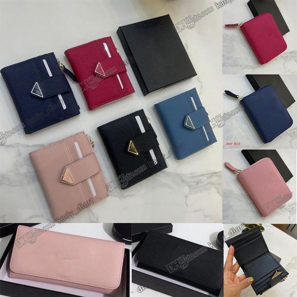 Cartera pequeña de piel Saffiano Ranuras para tarjetas de crédito Compartimento para billetes Bolsillo para documentos Metal esmaltado Logotipo triangular Herrajes con letras L349O