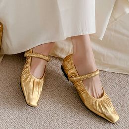 Petites chaussures Mary Jane à tête carrée en peau de mouton pour femmes, bouche peu profonde, fond plat plié, argent simple, 2024, 240220