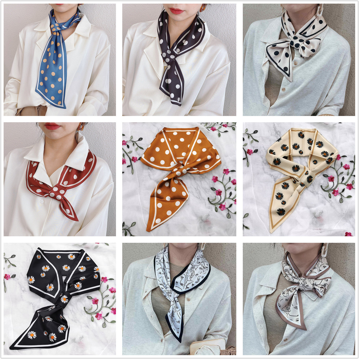 Маленький шелковый шарф женский имитация шелка новый длинный шейный платок с лентой весна и осень длинная полоса с буквенным принтом маленькая шаль