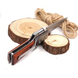 Cuchillo plegable de tamaño pequeño AK47, cuchillo táctico de bolsillo para acampar, cuchillo de supervivencia multiherramienta con mango de madera de 440 hojas, cuchillos de supervivencia con luz LED